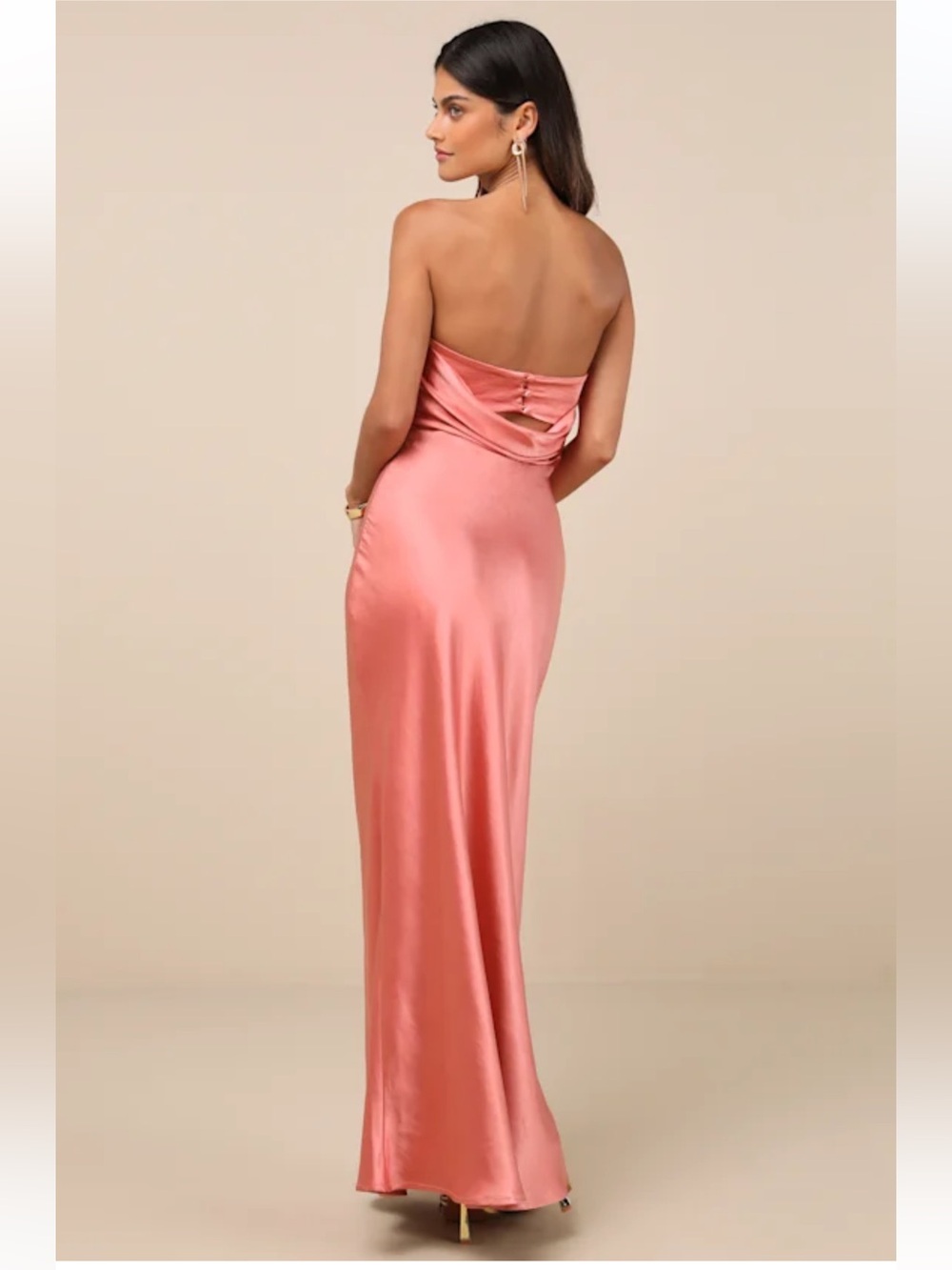 Lulu’s Elliette Peach Pink Satin Strapless Cowl Back Maxi Dress large NWT